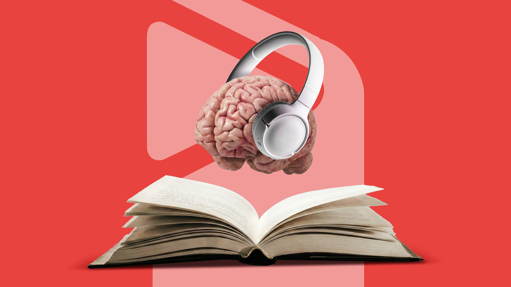A human brain wearing white headphones floating above an open book against a red background