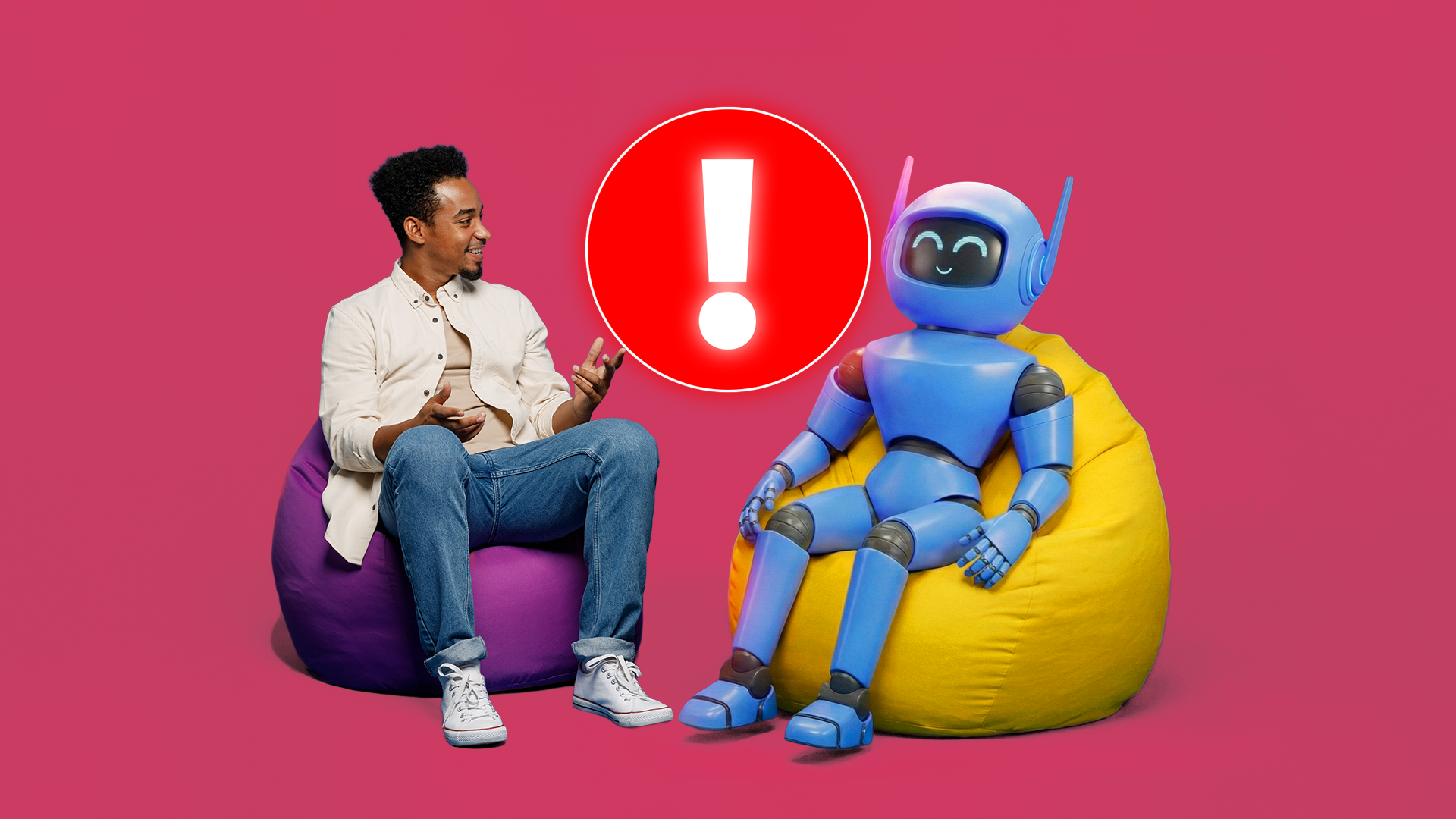 Un uomo che parla con un robot blu su sedie a sacco, con una grande icona rossa di avviso che fluttua tra di loro.