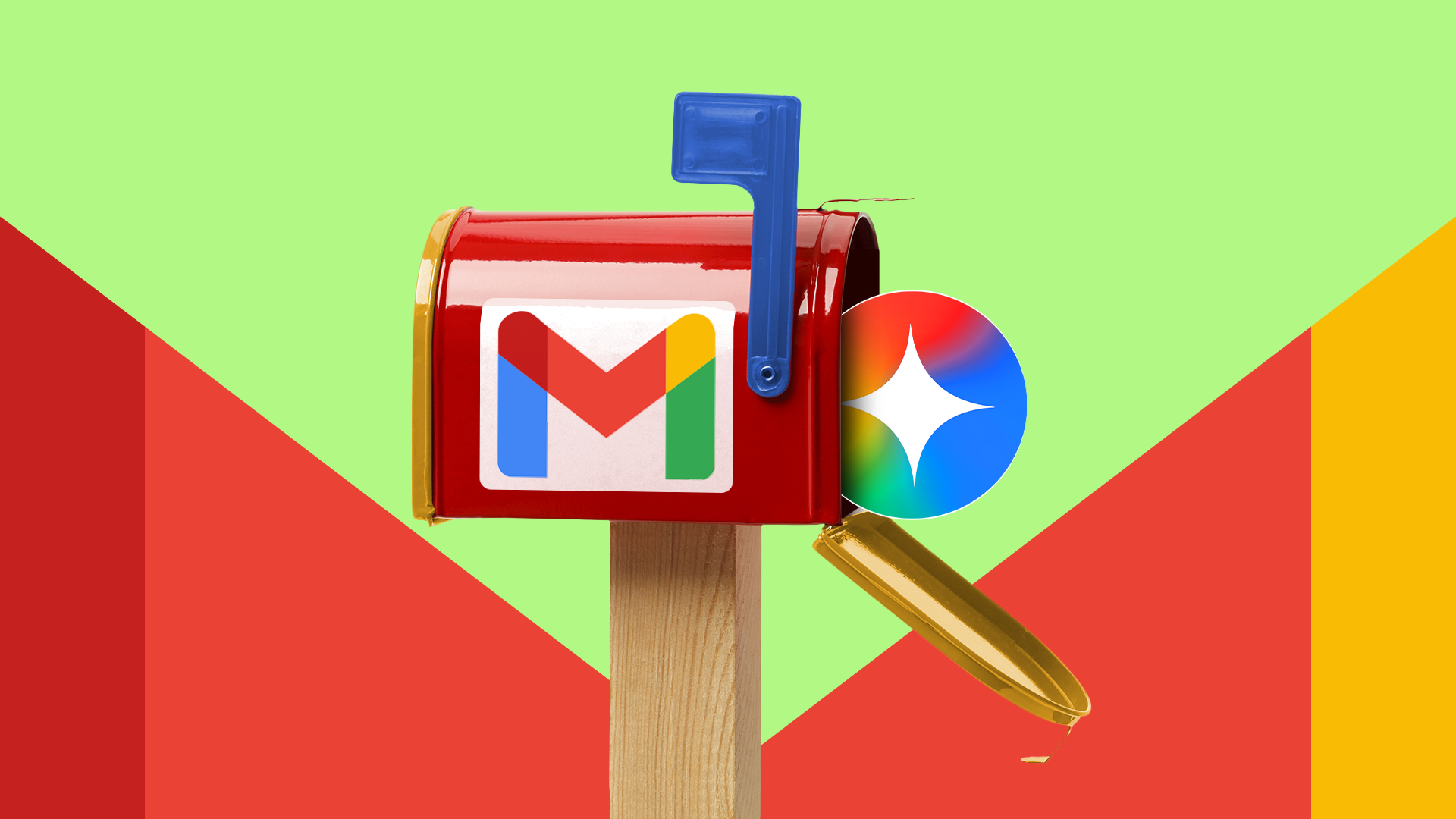 Una casella di posta rossa con il logo Gmail e l'icona scintillante dei Gemelli.