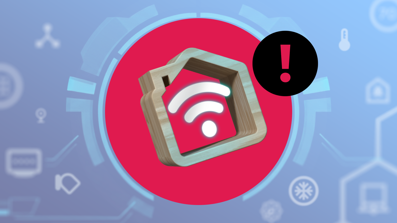 A smart home 3D icon with a black exclamation mark.