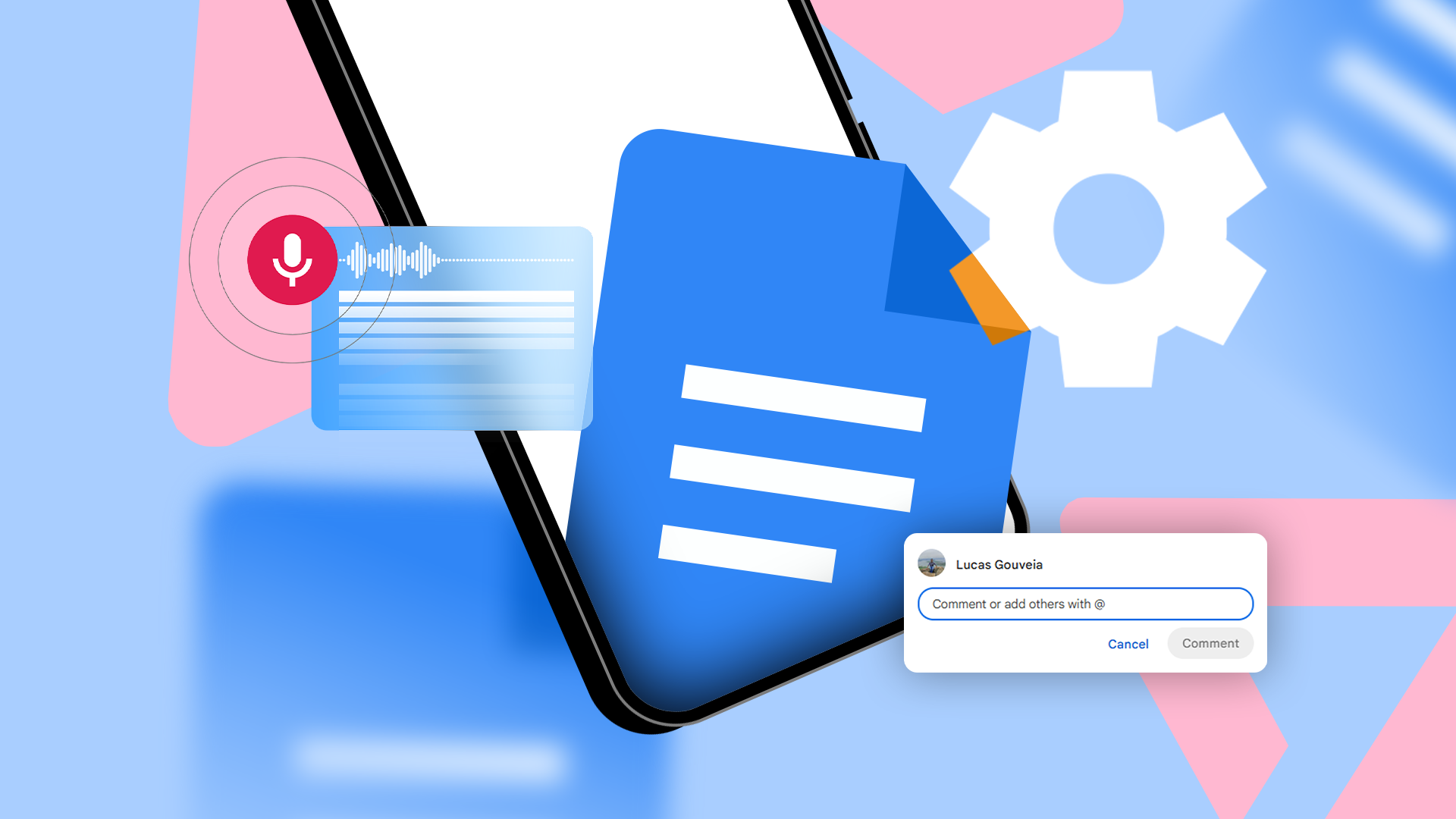 A smartphone with Google Docs logo, microphone icon, comment bubble, and gear icon, on a blue background