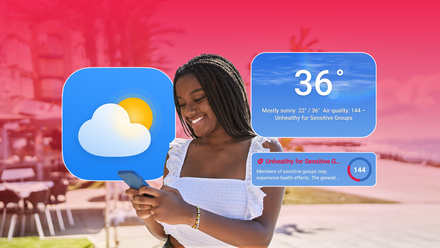 A woman checking her phone surrounded by floating weather widgets displaying temperature and air quality warnings on a red background.