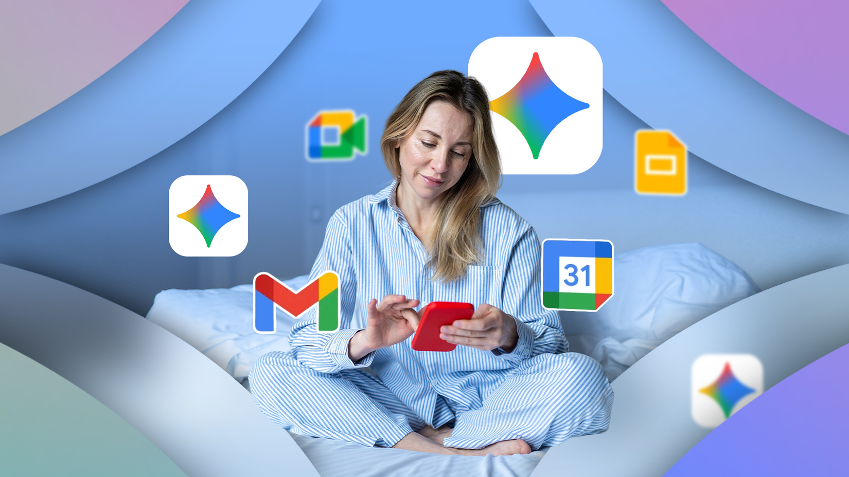 Uma mulher usando um telefone na cama, cercada por ícones flutuantes dos aplicativos Google Gemini e Workspace-1