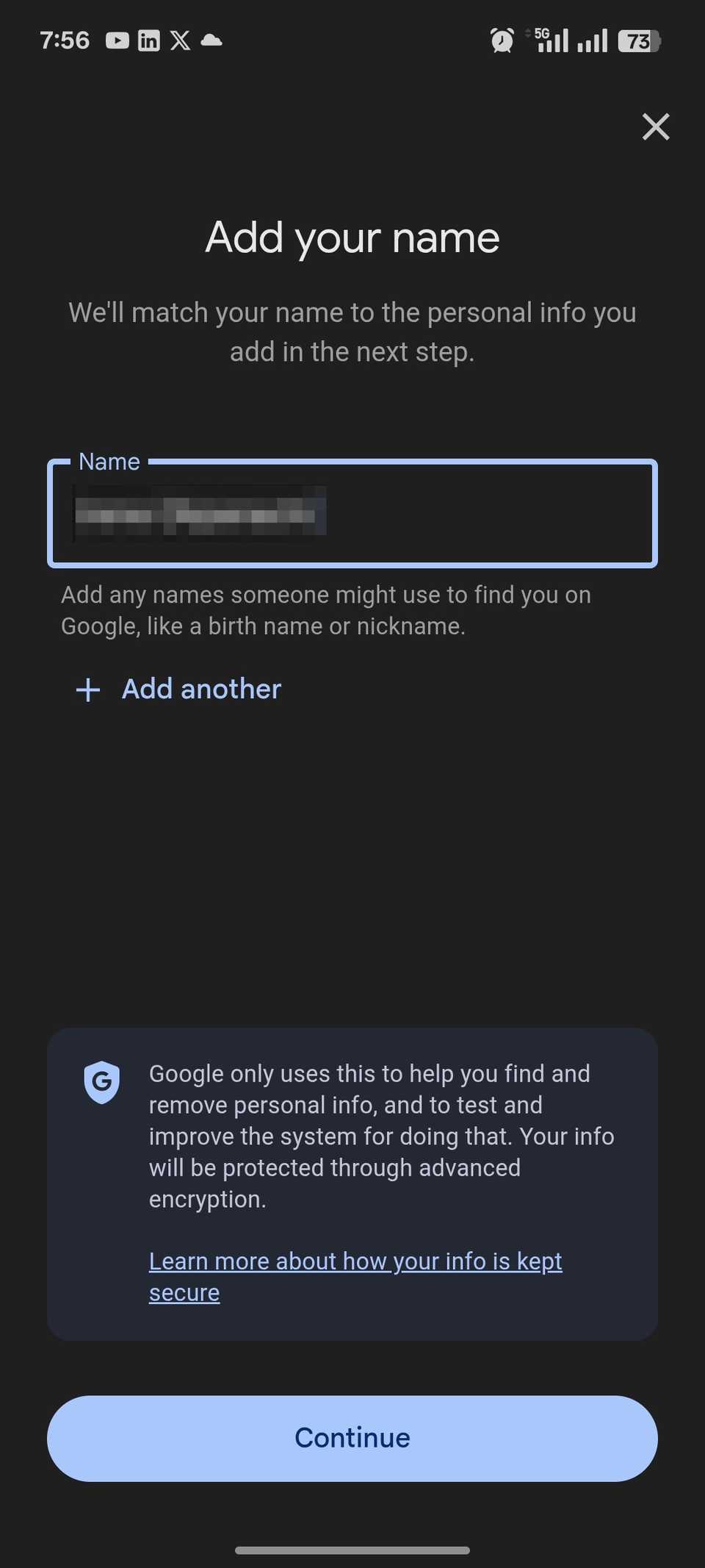 Text box with prompt for user to add their name in Google Results about you menu