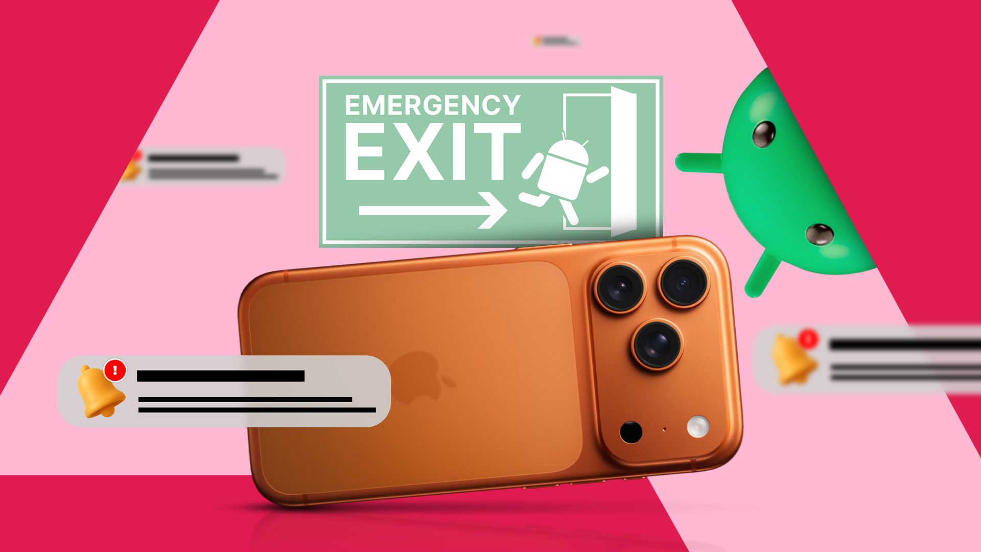 An iPhone surrounded by notification alerts, sitting below a green 'Emergency Exit' sign featuring the Android robot