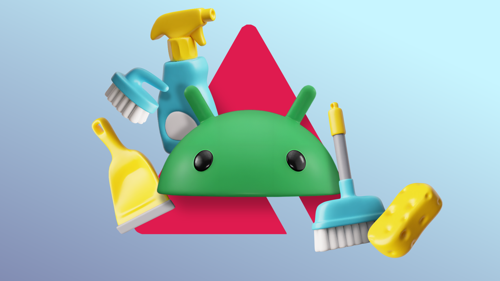 Cabeça do mascote do Android cercada por ferramentas de limpeza 3D flutuantes, incluindo vassoura, esponja e frascos de spray.