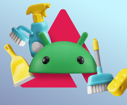 Android mascot head surrounded by floating 3D cleaning tools, including a broom, sponge, and spray bottles.