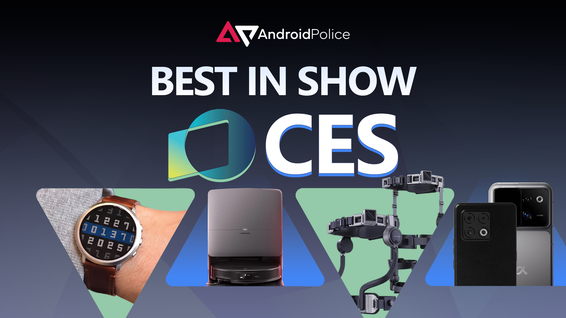 Android Police Best in Show CES banner featuring the Pebble Round 2, Roborock Saros 20, Honor robot phone, Ascentiz exoskeleton, and Punkt MC03_