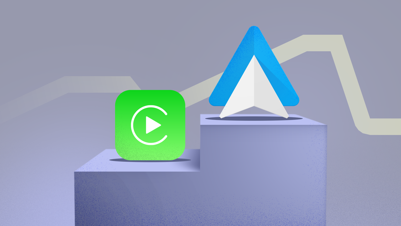 Apple CarPlay and Android Auto logos on a podium, with the Android Auto logo on the top step.