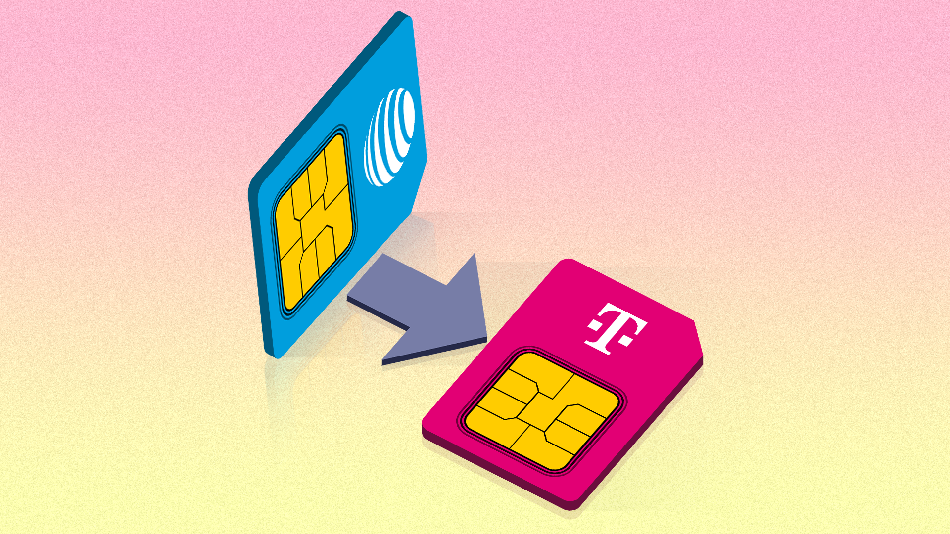 Blue AT&T SIM card pointing an arrow towards a magenta T-Mobile SIM card