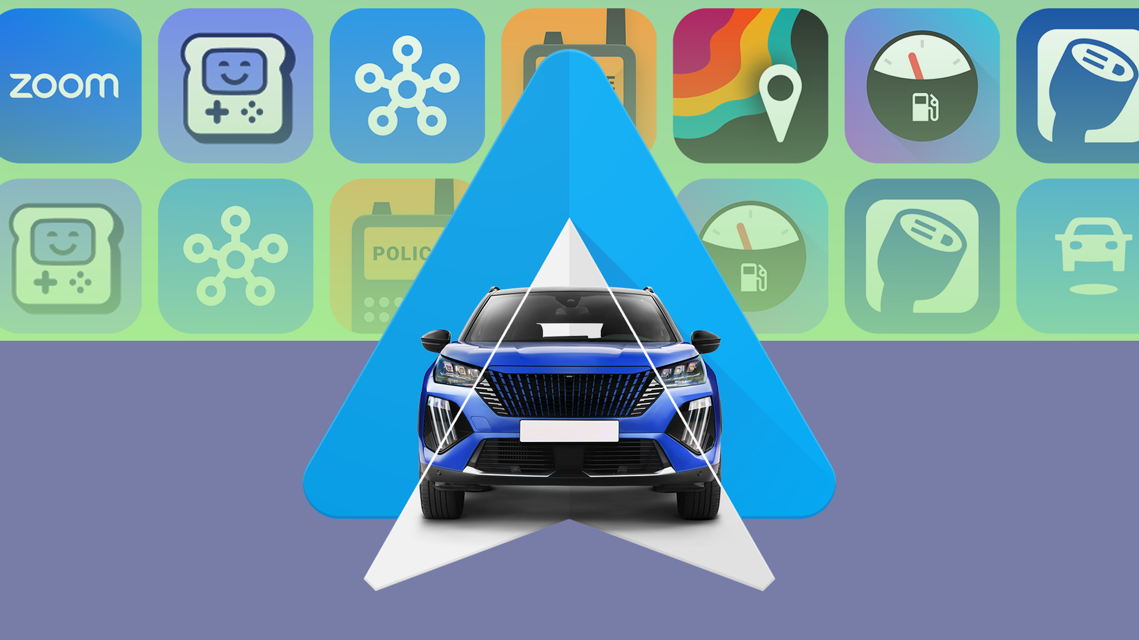 Auto blu centrata sul logo Android Auto, con una griglia di icone di app sullo sfondo