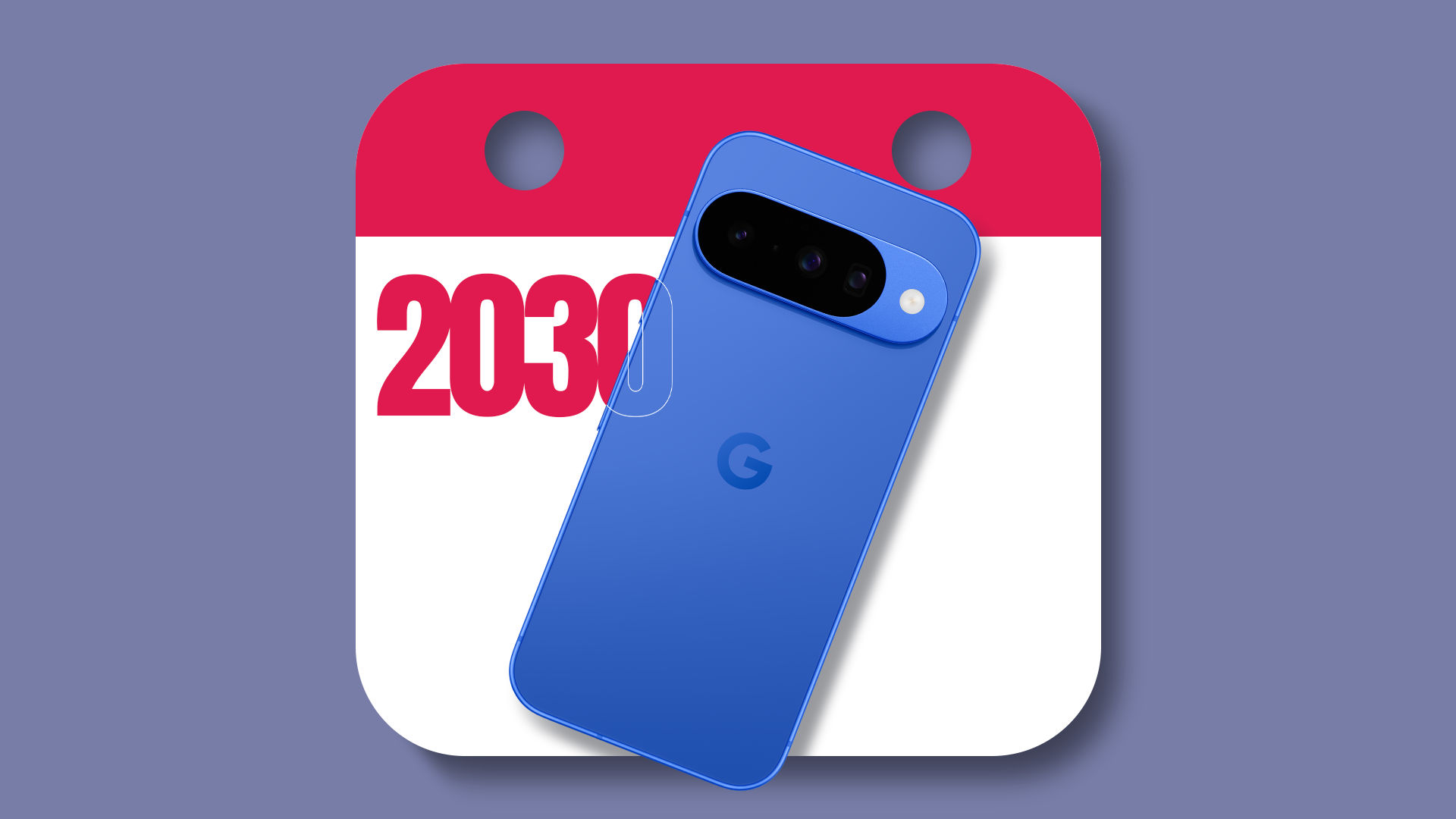 Blue Google Pixel 10 overlaying a calendar icon displaying the year 2030.