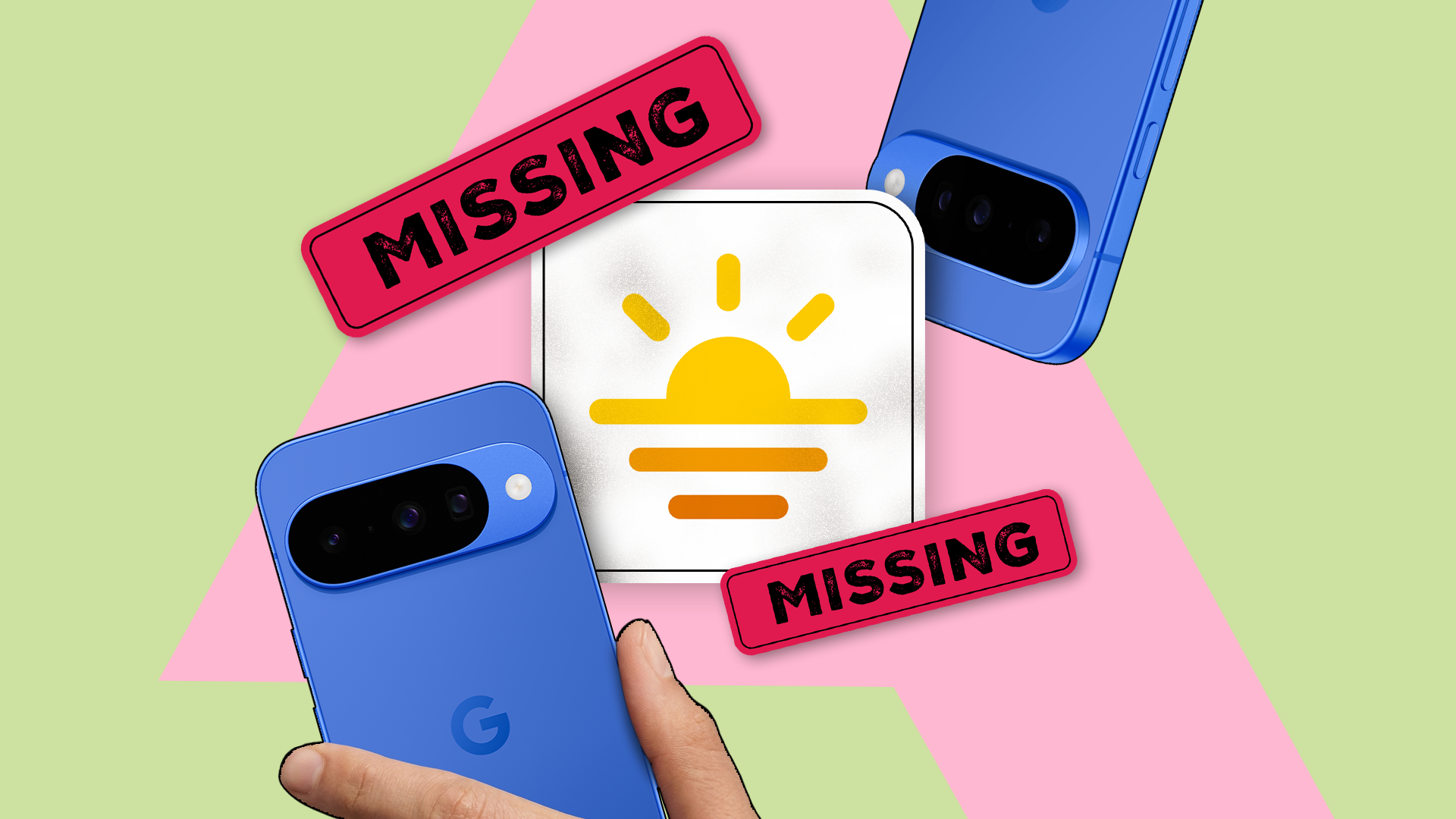 Blue Pixel phones surrounding a Daily Hub icon marked with red 'MISSING' stamps.