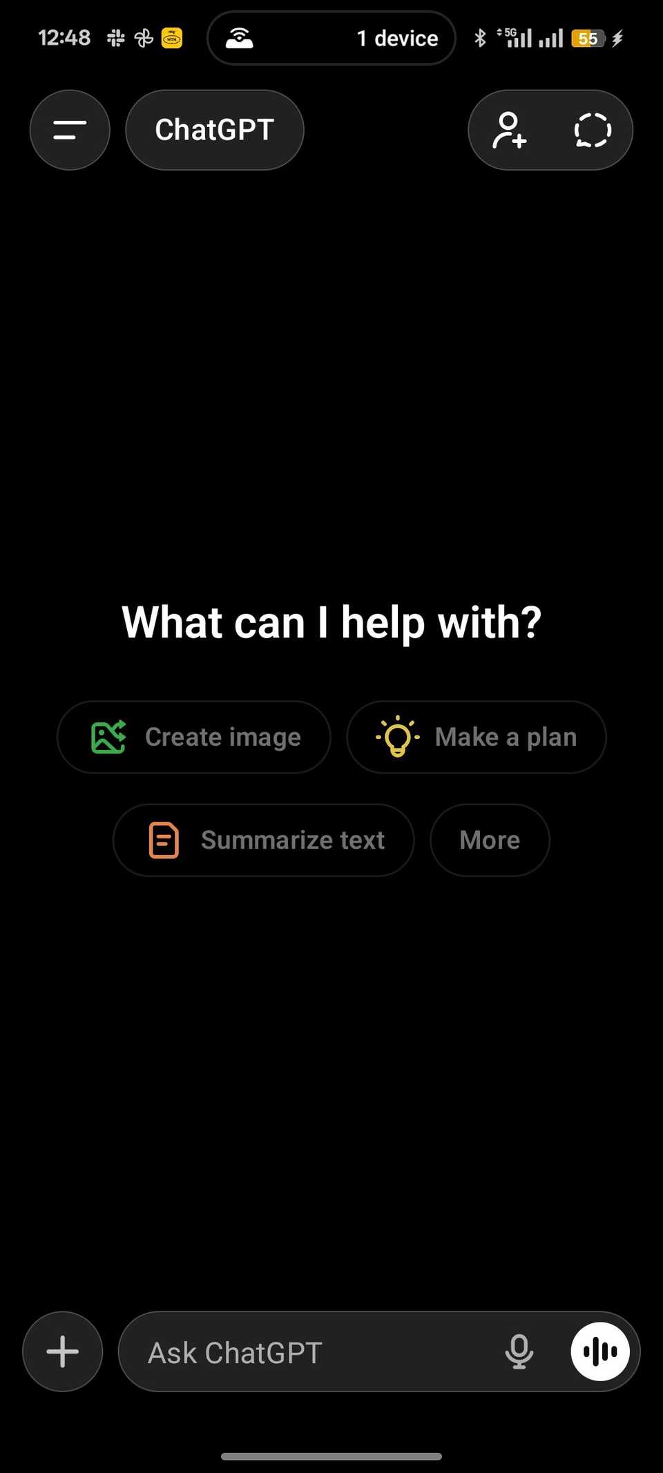 Nuova schermata di chat in ChatGPT con testo che chiede in cosa può aiutare il bot e casella di testo qui sotto