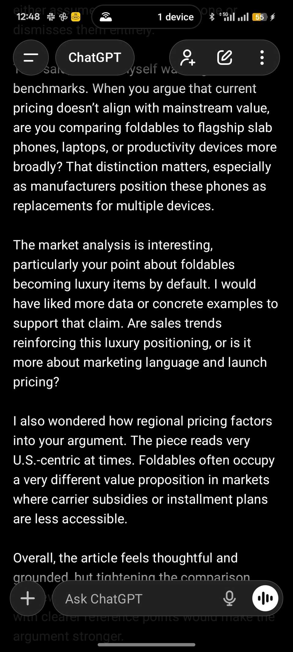 ChatGPT fornisce feedback all'utente sui punti di forza e di debolezza dell'articolo