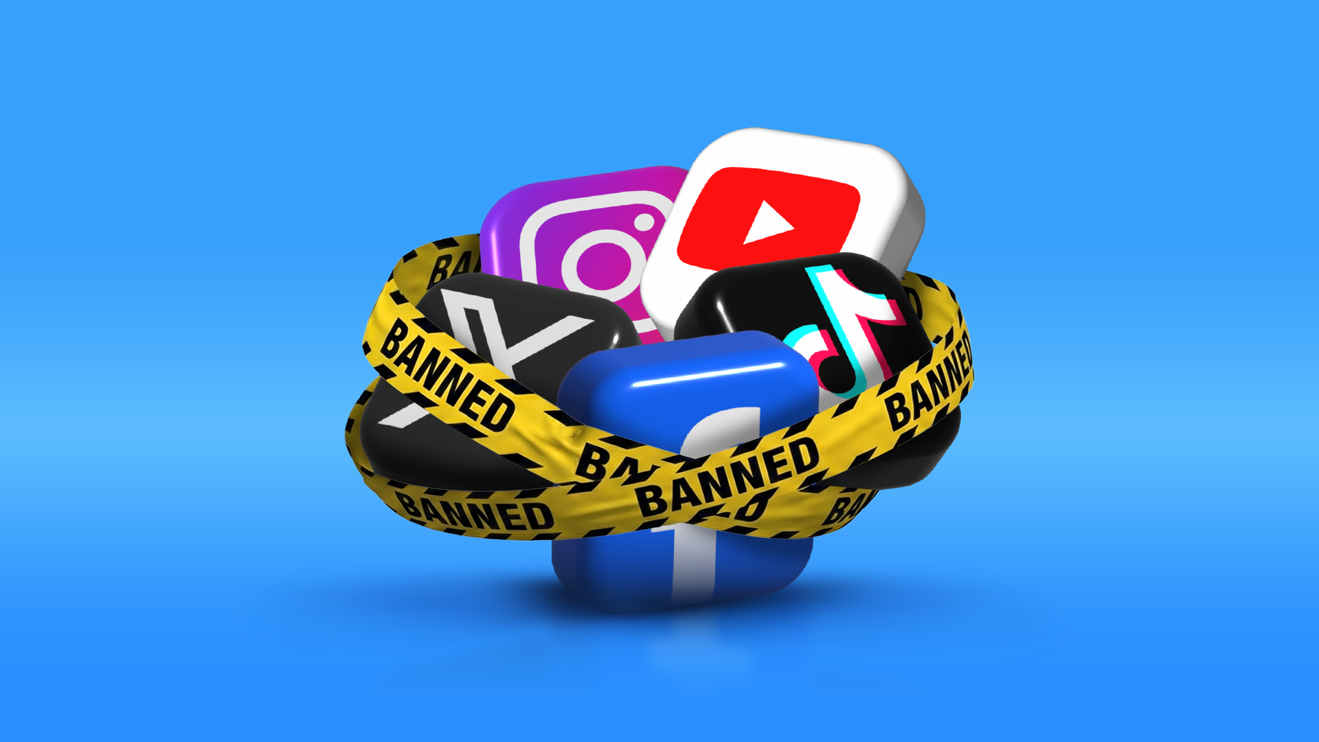 Cluster of 3D social media icons, including Instagram, YouTube, TikTok, Facebook and X, wrapped in yellow caution tape reading 'BANNED' against a blue background.