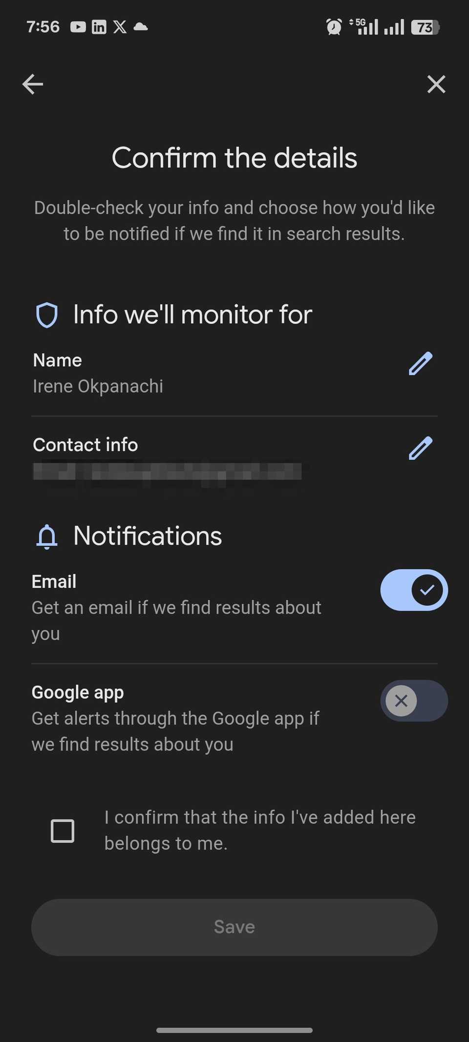Preview of user name and email address with prompts to confirm and save details