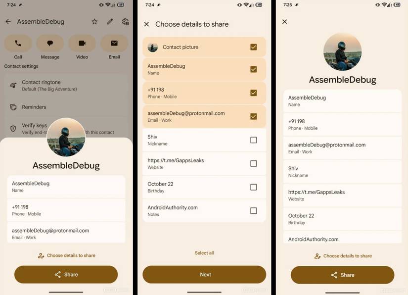 Screenshots highlighting the new contact sharing UI.