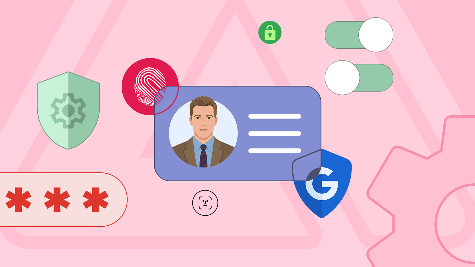 Digital ID card illustration surrounded by security icons like a fingerprint, password field, and Google shield.