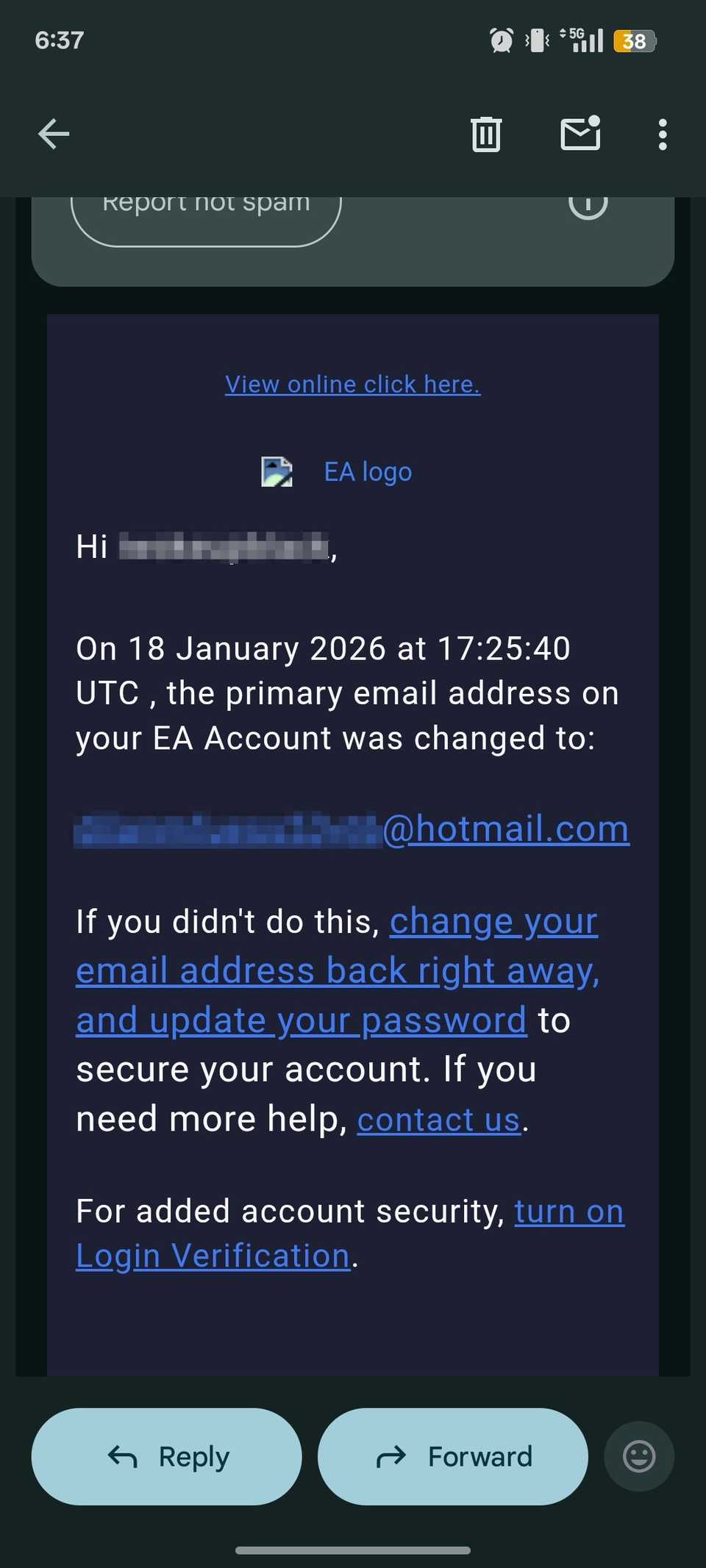 Electronic Arts sends email alerting user that they changed email address with options to revoke the action