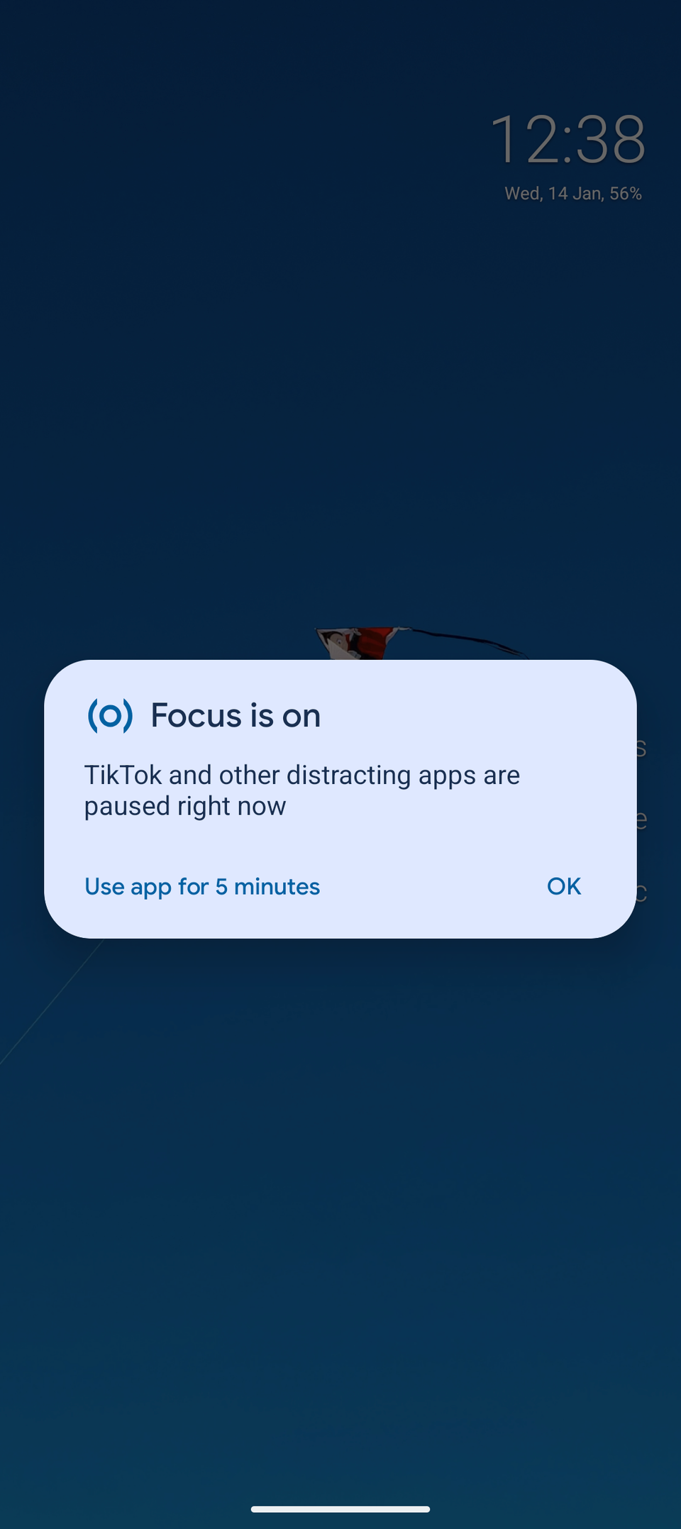 Uno screenshot che mostra una notifica di Focus che informa che TikTok è in pausa