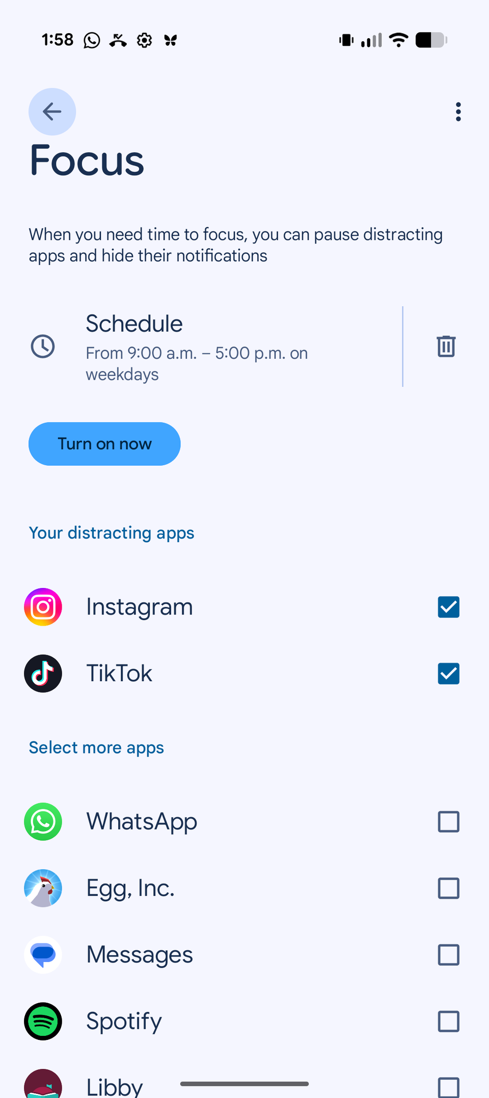 Uno screenshot delle impostazioni Focus di Android con Instagram e Tiktok selezionati