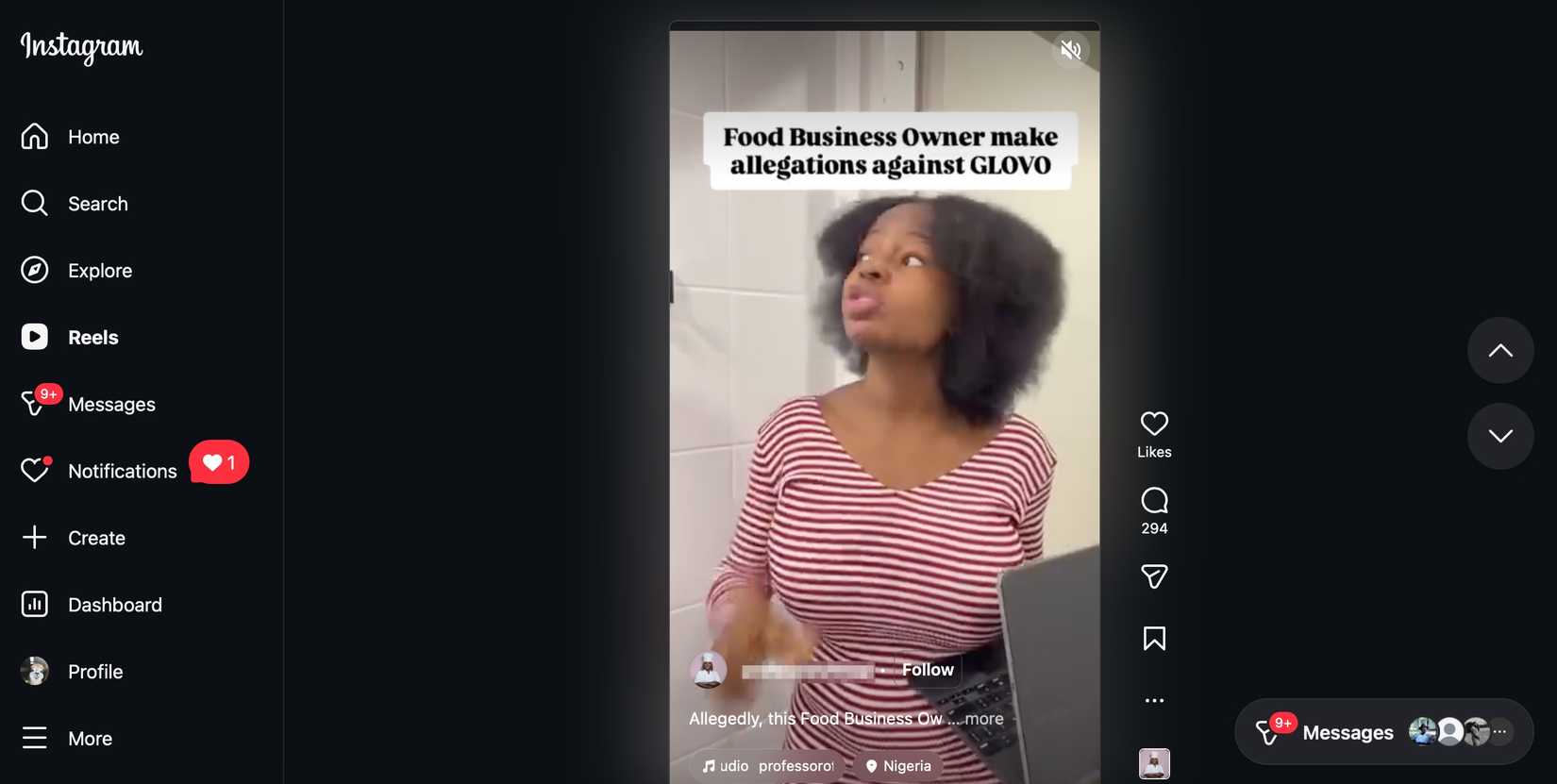Vídeo de mulher fazendo alegações de falsificação de identidade contra serviço de entrega de comida no feed do aplicativo Instagram