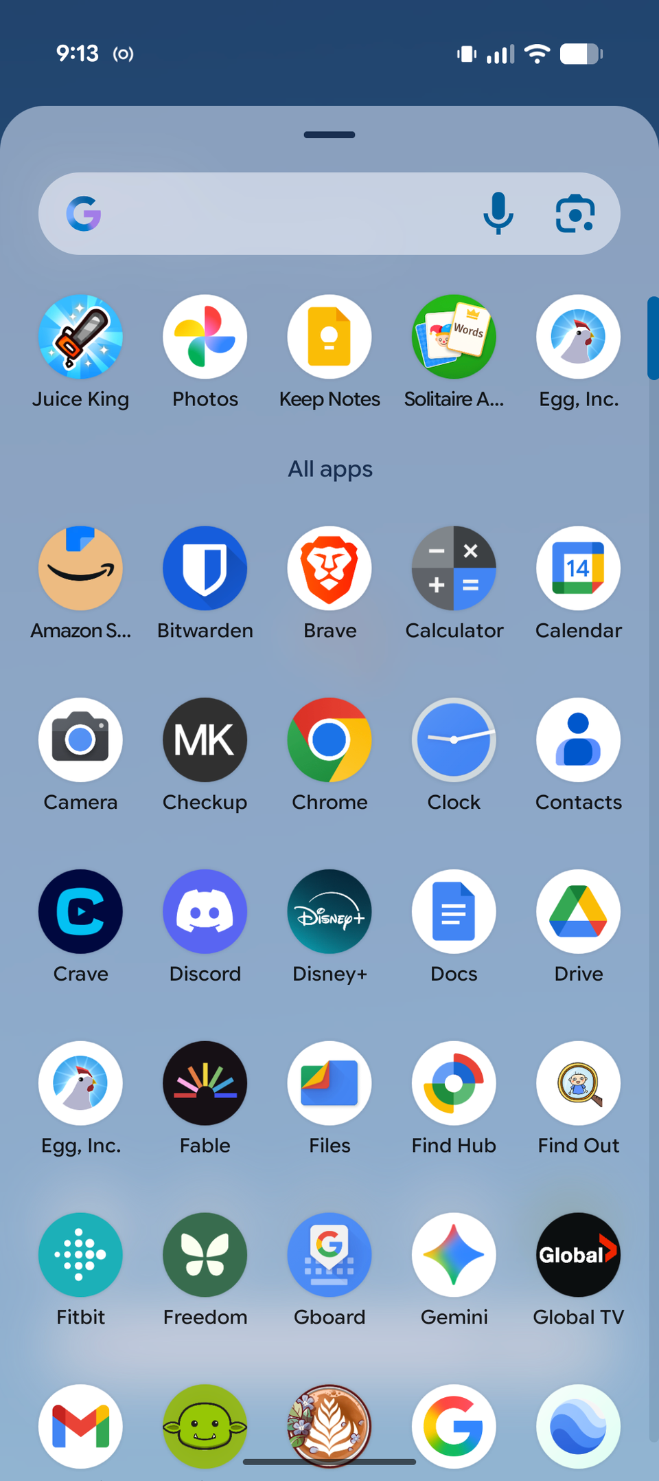 Uno screenshot che mostra il cassetto delle app su un telefono Android