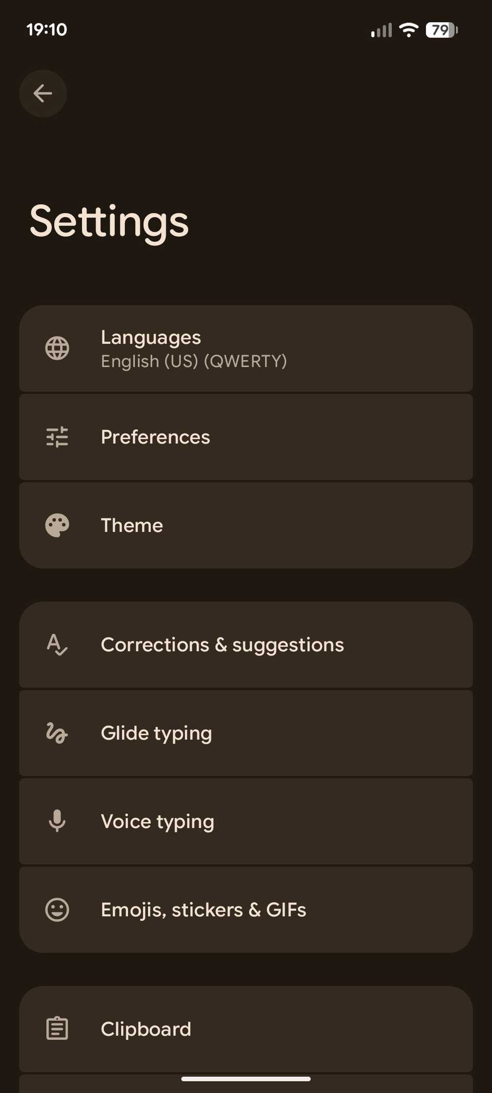 Menu Impostazioni Gboard M3E