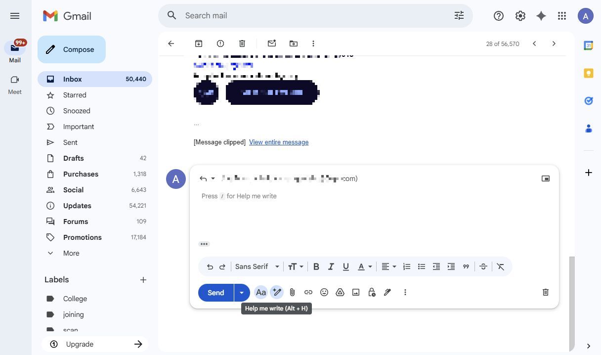 Screenshot showing how to draft a reply using Gemini's Help me write feature in Gmail