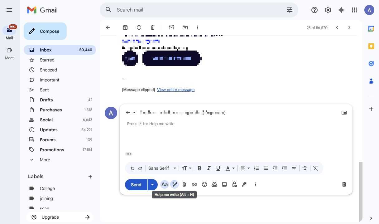 Screenshot showing how to draft a reply using Gemini's Help me write feature in Gmail