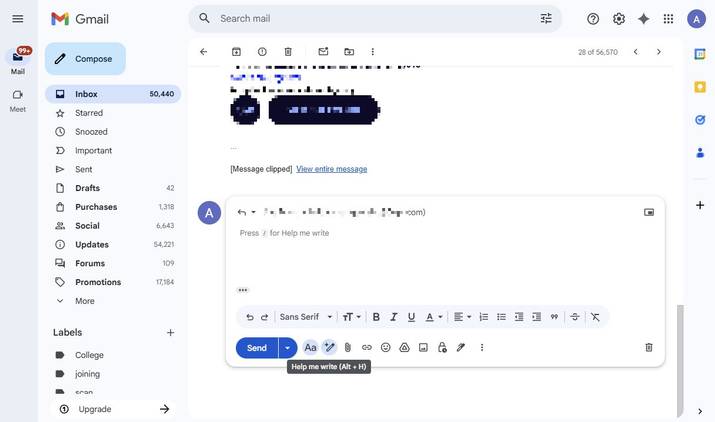 Screenshot showing how to draft a reply using Gemini's Help me write feature in Gmail