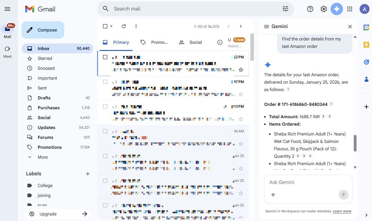 Screenshot showing how to get information from Gemini in Gmail