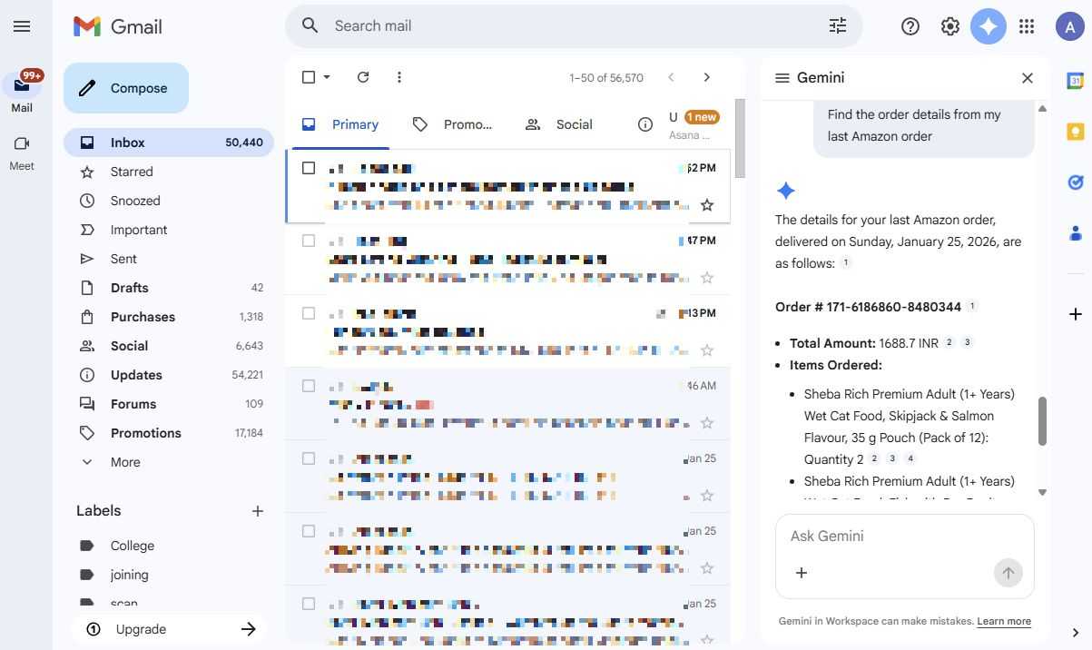 Screenshot showing how to get information from Gemini in Gmail