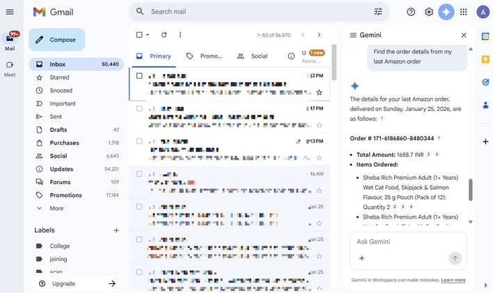 Screenshot showing how to get information from Gemini in Gmail