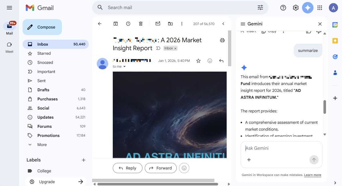 Screenshot showing how to summarize an email in Gmail using Gemini