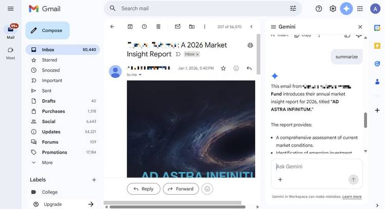 Screenshot showing how to summarize an email in Gmail using Gemini