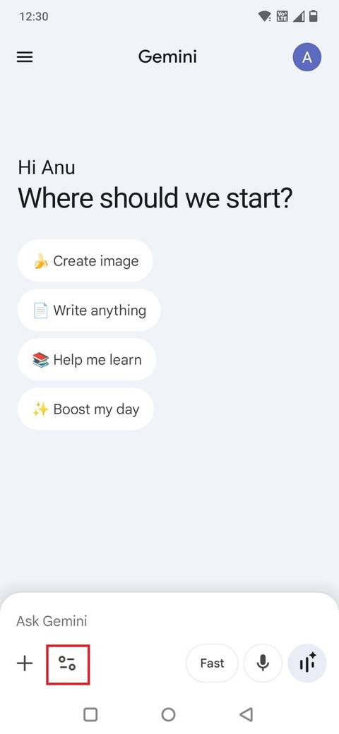 Screenshot che mostra l'icona Strumenti nell'app Gemini
