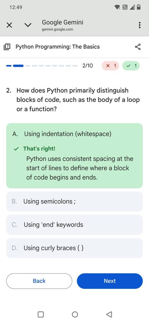 Screenshot che mostra un quiz nell'app Gemini