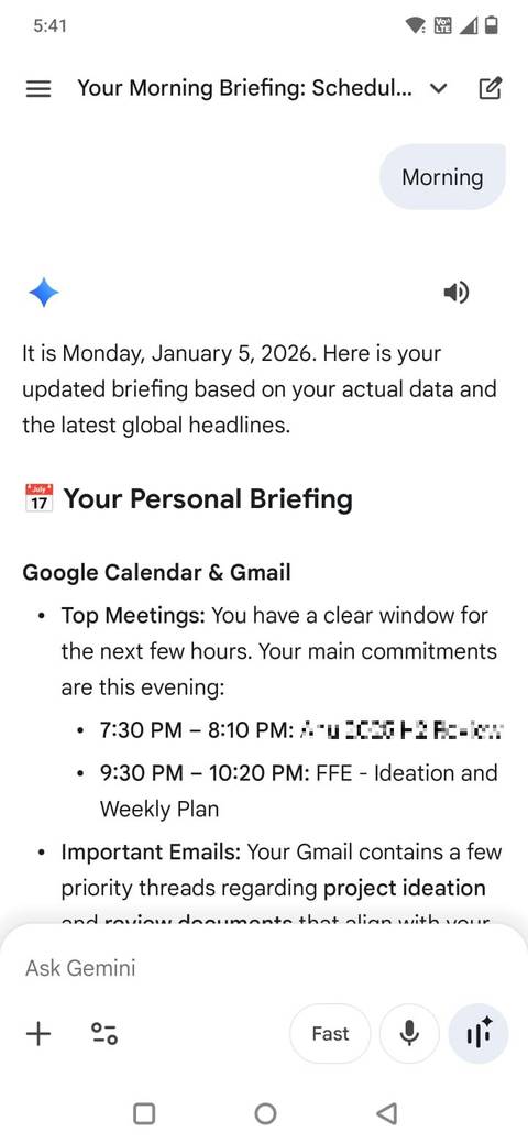 Screenshot che mostra il riepilogo mattutino in Gemini
