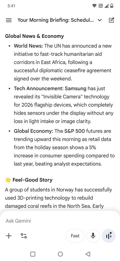 Screenshot che mostra il riepilogo delle notizie in Gemini