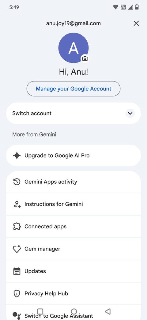 Screenshot che mostra l'opzione Istruzioni per Gemini nella sezione del profilo dell'app Gemini