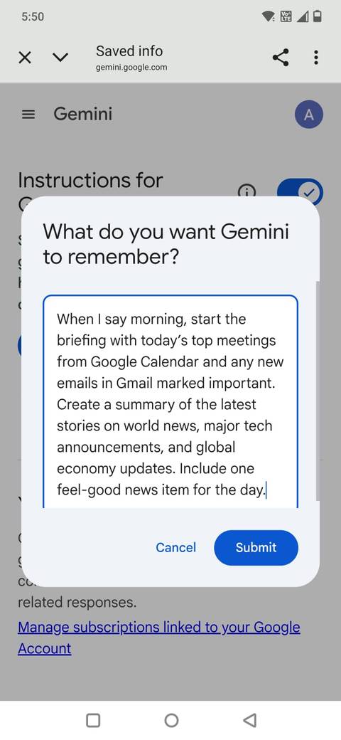 Screenshot che mostra il messaggio di riepilogo mattutino nell'app Gemini