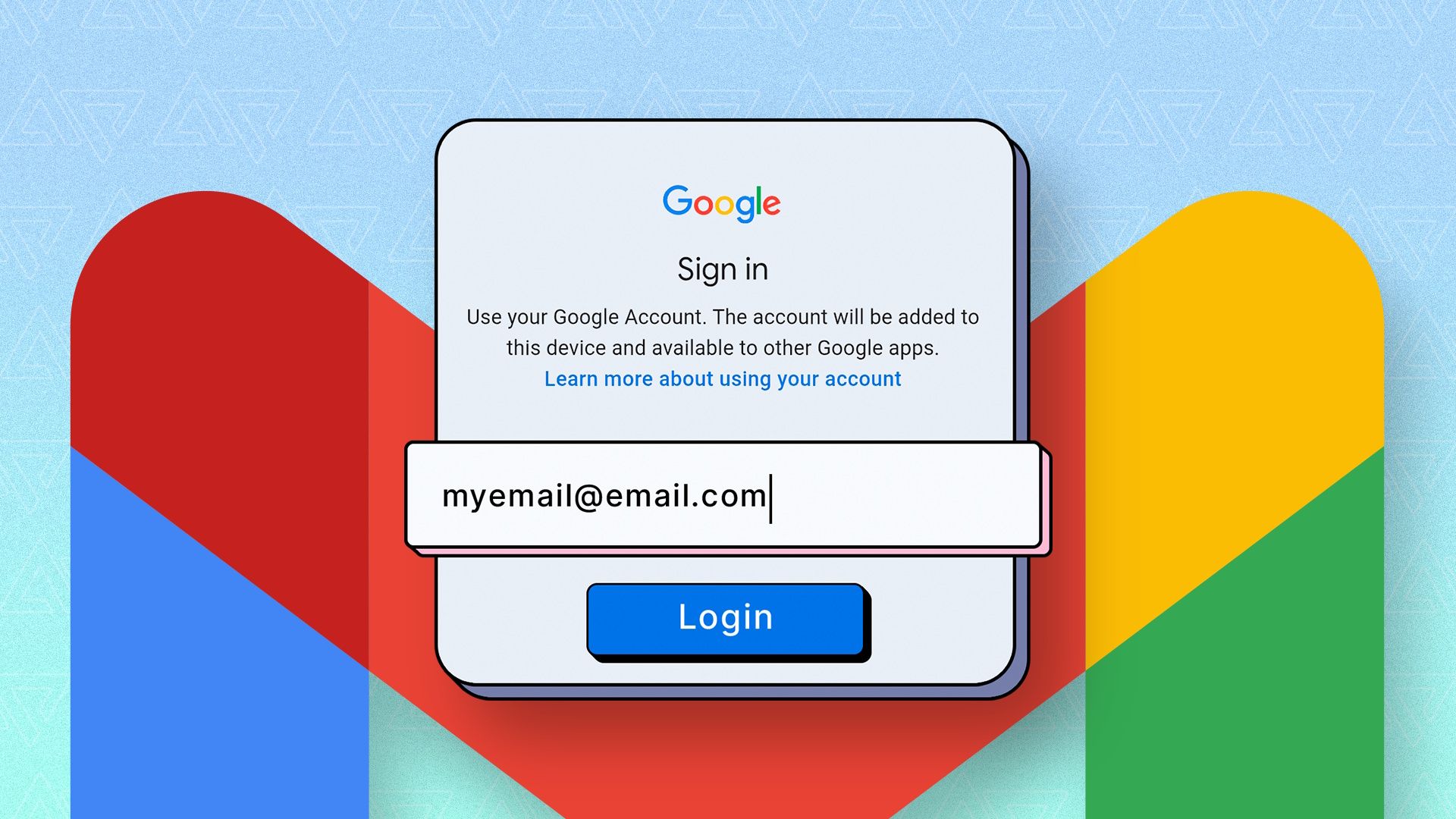 Google Sign-in window displaying an email address overlaid on a large multicolored Gmail logo.