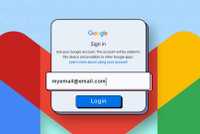 Google Sign-in window displaying an email address overlaid on a large multicolored Gmail logo.