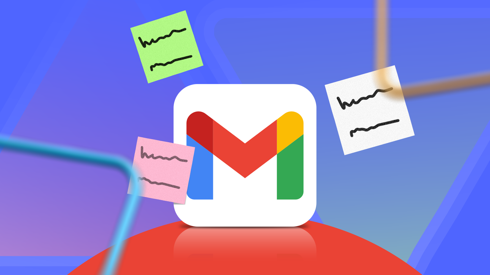 Logotipo do Gmail cercado por notas adesivas coloridas flutuantes em um fundo azul