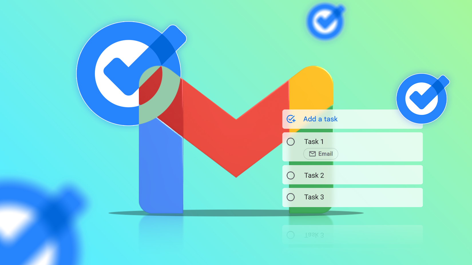Logotipo do Gmail cercado por ícones de marca de seleção do Google Tasks e uma sobreposição de lista de tarefas.