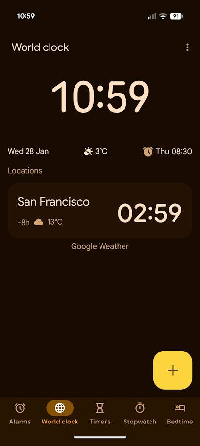 orologio mondiale nell'app Google Clock in modalità oscura
