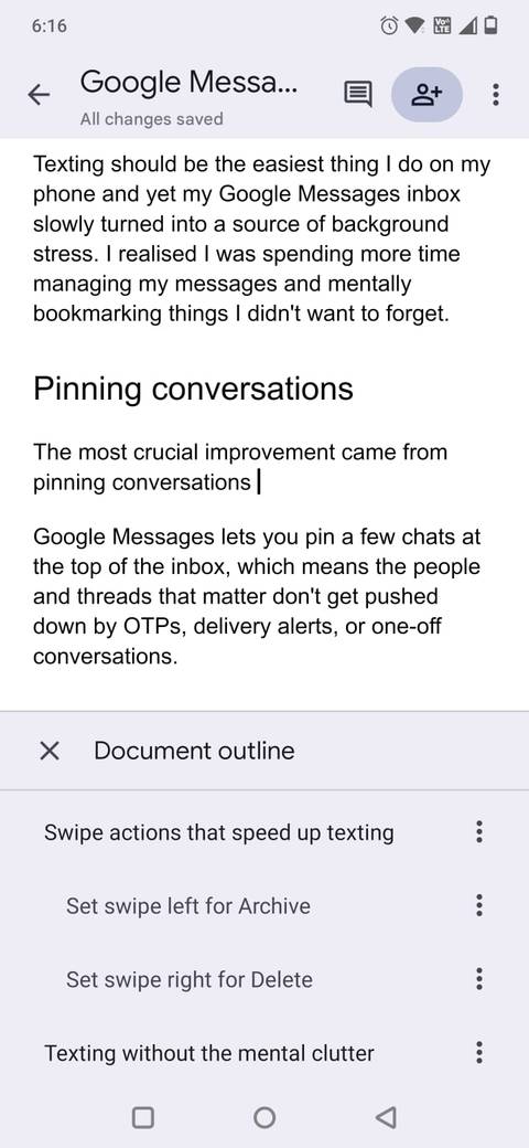 Screenshot che mostra la struttura del documento in Google Documenti