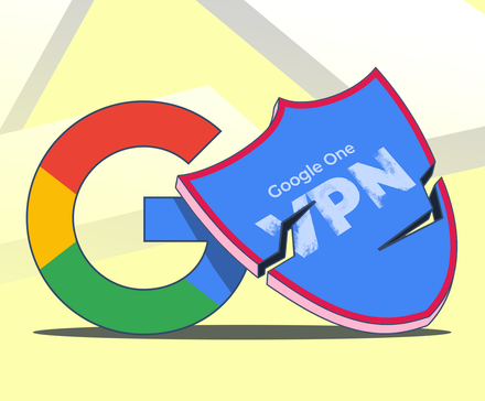 Logotipo ‘G’ do Google próximo a um escudo azul quebrado denominado ‘Google One VPN’.